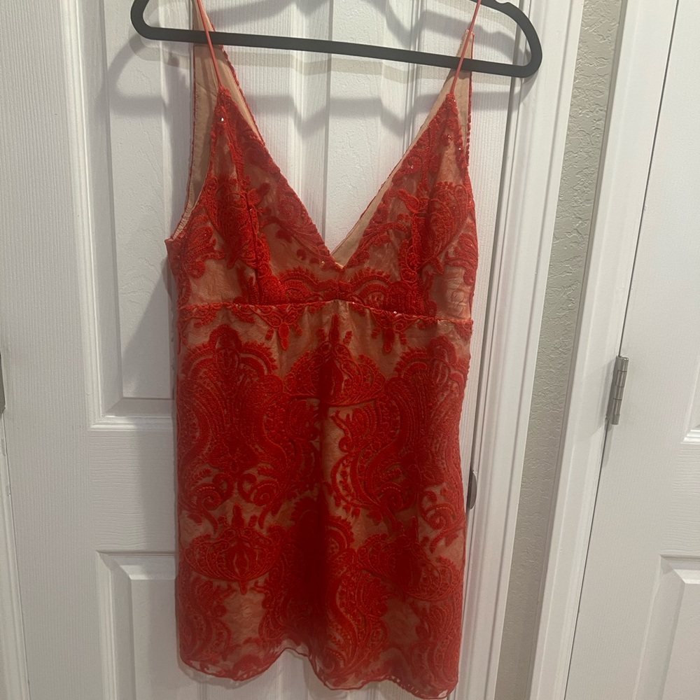 FREE PEOPLE Red Lace slip dress with sequins and floral patterns  Sz 10